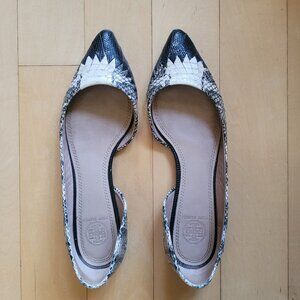 Tory Burch D’Orsay Leather Snakeskin Embossed Pointed Toe Flats